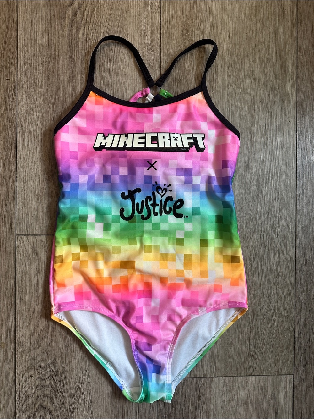 Minecraft x Justice Rainbow Pixel Girls' One-Piece Swimsuit Size 10